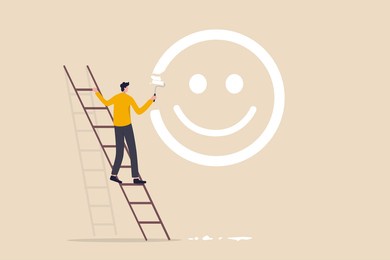 happiness and positive thinking, optimism or motivation to live happy life concept, happy boy climb up ladder to paint smile face on the wall.