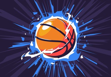 vector illustration of a basketball on fire, with a dynamic dark background, a flaming basketball, energy around