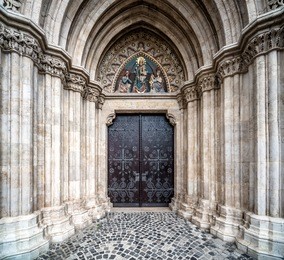 entrance to the matthias church. budapest, hungary
