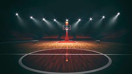 interior view of an illuminated basketball stadium for a game