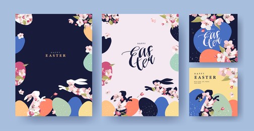 happy easter set of corporate greeting cards, invitations, holiday covers, posters or flyers design. trendy easter design templates with frame made of eggs, rabbits and spring flowers in pastel colors
