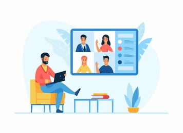 video conference online concept. male cartoon character sits in a chair in front of a laptop. a group of people on the computer screen discuss a project. flat vector illustration