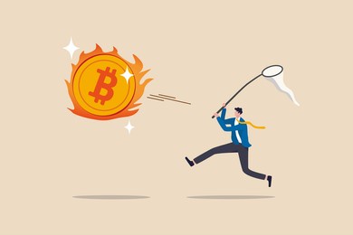 chasing high performance bitcoin crypto currency in bull market, greedy speculation in bitcoin trading concept, greedy businessman investor chasing try to catch hot fire flying bitcoin.