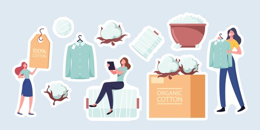 set of stickers cotton theme. tiny female character sitting on huge thread spool, fluffy white flower, bowl with organic fiber, tag for clothes and shirt on hanger. cartoon people vector illustration