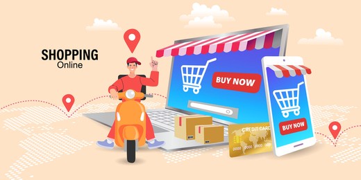 ecommerce concept. online shopping. online delivery service concept. fast delivery by scooter via mobile phone. man riding scooter. vector illustration.