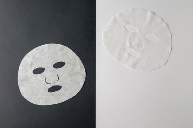 two white masks on a black and white background. mask for face care and appearance changes.