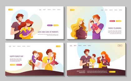 set of web pages with father, mother and their children of different ages. happy family day, parenting, childhood, relationship concept. vector illustration for poster, banner, website.