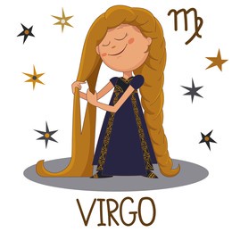 cute  girl  virgo braids a braid from set of zodiac sign. color cartoon character on white