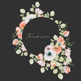 round frame of watercolor spring plants: pink flowers, wildflowers and eucalyptus branches; hand painted isolated illustrations on a dark background, thank you card design