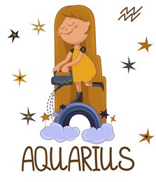 cute girl  aquarius with rainbow and watering can from set of zodiac sign. color cartoon character on white
