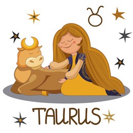 cute girl taurus hugs bull from set of zodiac sign. color cartoon character on white