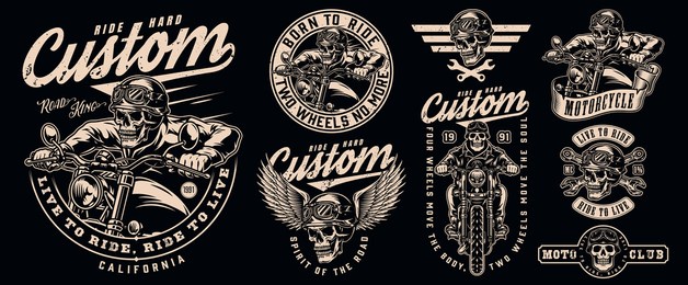 vintage motorcycle monochrome designs set with skeleton racing moto club and motorbike repair service labels and emblems isolated vector illustration