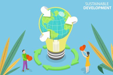 3d isometric flat conceptual illustration of sustainable development, environmental protection