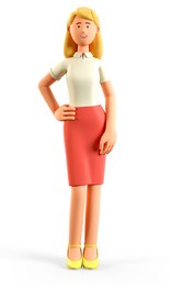 3d illustration of standing beautiful blonde woman. portrait of cartoon smiling elegant attractive businesswoman in red skirt, isolated on white background.