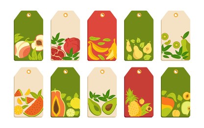 label with fruit cartoon set template. tropical price tag hawaiian fruit, pineapple pear watermelon and tangerine, fig, lemon. isolated empty frame vector illustration juice or farmer market product