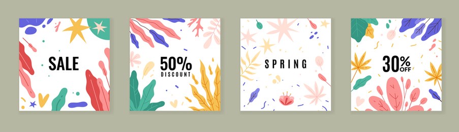 trendy plants posters. abstract floral sale banners, spring and summer discounts cards, tropical flowers brochure, modern design. vector set