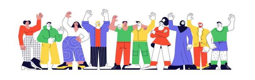 happy diverse people greeting gesture, gesturing in friendly way. group of smiling different nations representatives waving hand saying hello. flat art rastered copy