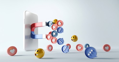 social media marketing concept. attracting (emoji, like, love, star, comment icon) with a huge magnet in smartphone, 3d render. copy space.