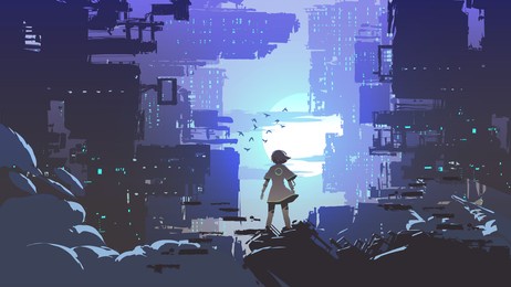 young girl standing and looking at the cyberpunk city, vector illustration