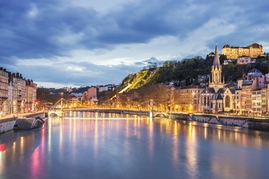 view of saone river in lyon city at evening, france 