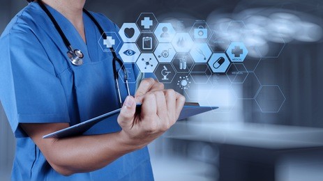 medicine doctor hand working with modern computer interface as medical concept 