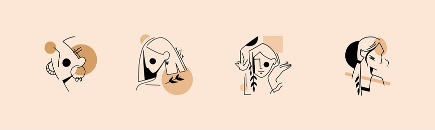 set of vector illustrations portraits, stylized faces of girls. abstract shapes, silhouettes of faces. logo for business in the industry of beauty, health, personal care. logo for beauty salon.