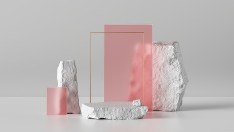 3d render, abstract background with white cobblestone ruins and pink glass blocks. modern minimal installation with rocks and stones