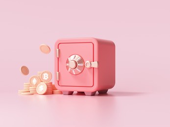 red safe box with gold coins stack font view on pink background. 3d render illustration 