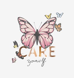 care yourself gold foil print slogan with colorful butterflies illustration