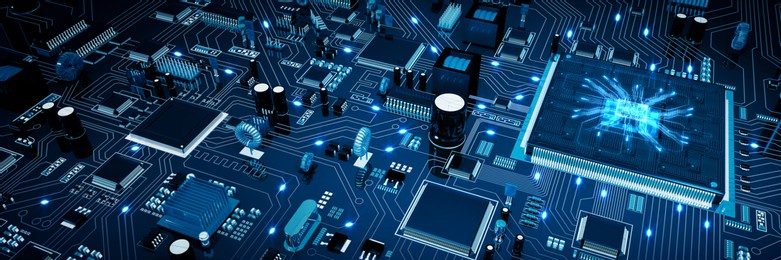 futuristic circuit board. blue with electrons.  3d illustration.