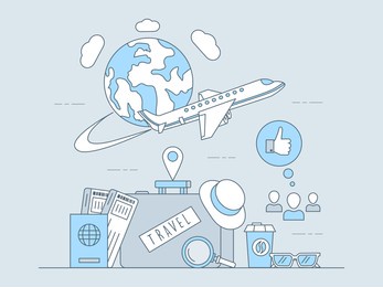 air travel mobile application vector outline concept. flying around the planet plane, baggage with passport and tickets, location point signs. traveling, vacation, online booking app elements.