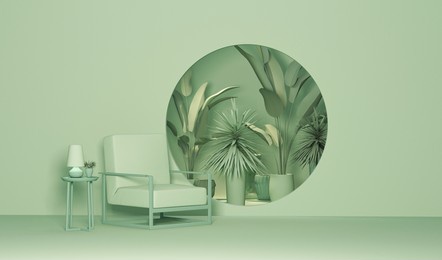 interior of the room in plain monochrome pastel blue color with furnitures and room accessories. light background with copy space. 3d rendering for web page, presentation or picture frame backgrounds.