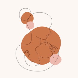 abstract mother with a child in continuous one line drawing art style. mother`s day card. woman hugging her baby on geometric background. happy motherhood concept. modern vector illustration