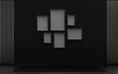 poster frame background room in flat black and metallic silver color with 6 frames on the wall, solid monochrome background for gallery wall mockup, 3d rendering, pastel color room