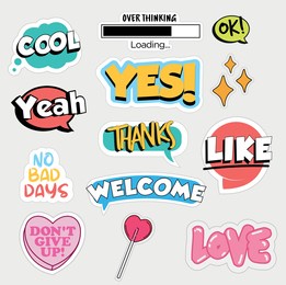 set of flat design social media stickers. isolated vector illustrations for online communication, networking, social media, web design, mobile message, chat, marketing material.