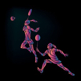 creative color professional badminton players. vector illustration. two girls, women doubles championship banner template eps10