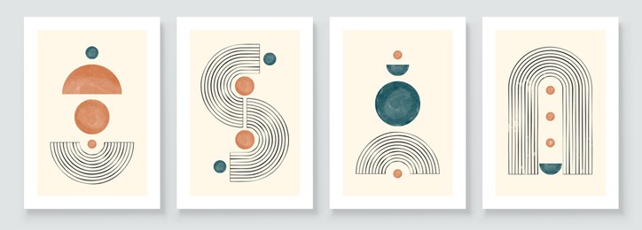 mid century modern design. a trendy set of abstract hand painted illustrations for wall decoration, social media banner, brochure cover design or postcard background. aesthetic watercolor