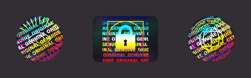 hologram label set isolated. vector holographic sticker collection. geometric hologram seal for product guarantee, sticker design. product certification symbol. quality holographic sticker set.