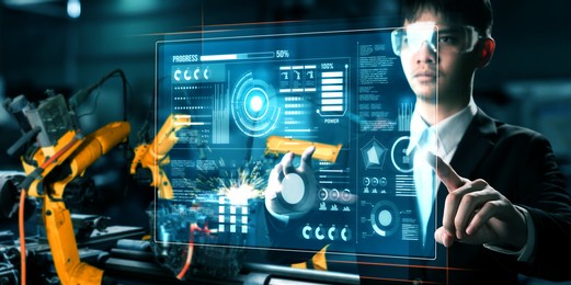 advanced robot arm system for digital industry and factory robotic technology . automation manufacturing robot controlled by industry engineering using iot software connected to internet network .