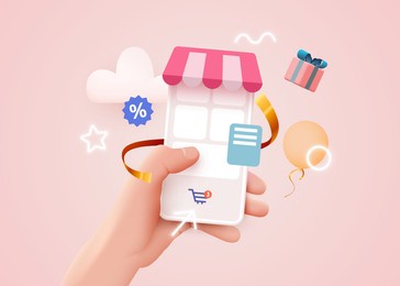 hand holding mobile smart phone with shopp app. online shopping concept. vector illustration