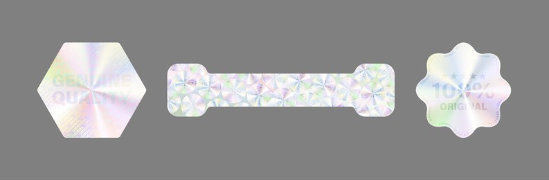 hologram label set isolated. vector holographic sticker collection. geometric hologram seal for product guarantee, sticker design. product certification symbol. quality holographic sticker set.