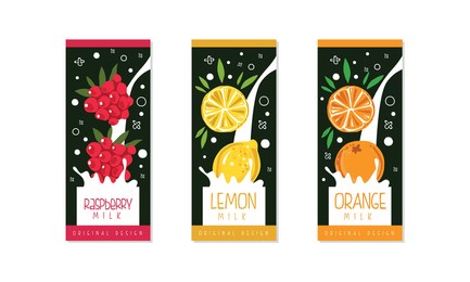 fruit milk labels set, raspberry, lemon, orange natural dairy products banner, branding, packaging templates vector illustration