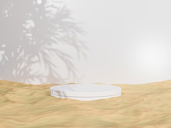 3d render - white podium minimal on sand background, display for cosmetic perfume fashion natural product, simple clean design, luxury minimalist mockup.