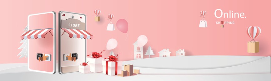 online delivery service home office  warehouse,cartoon paper art on mobile. vector illustration.shopping online