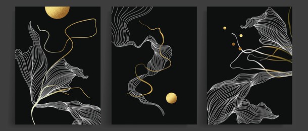 luxury gold wallpaper.  black and golden background. grunge wall art design with golden line art abstract floralshape. modern art mural wallpaper. vector illustration.