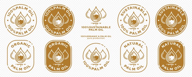 concept for product packaging. the label is natural organic palm oil. sustainable palm oil derivatives. oil palm drops with liquid ingredient line.. vector set.