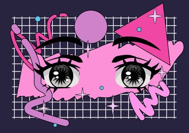 face with big cartoon anime eyes. vaporwave and retrowave style print for poster, cover of t-shirt.