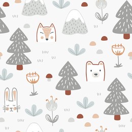 seamless pattern with cute forest animals, flowers, and trees. childish print for nursery background in a scandinavian style for baby clothes or interior. vector cartoon illustration in pastel colors.