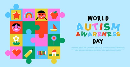 world autism awareness day web template illustration of colorful children toy puzzle mosaic in retro cartoon style. autistic kid psychology support concept for april 2 event.