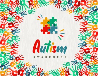 autism awareness day greeting card illustration of colorful diverse children hand print together. autistic children learning ability support concept, kid friend group design.
